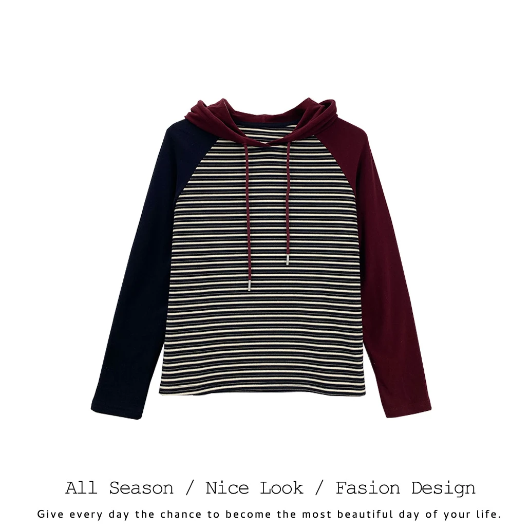 771  时尚撞色插肩袖潮流细条纹休闲舒适连帽长袖     款号#010