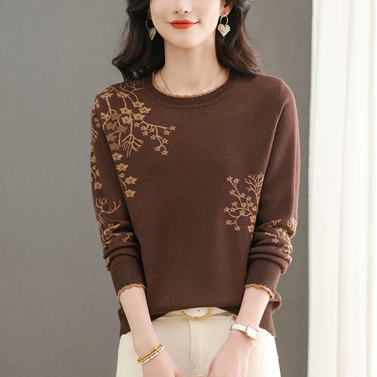 2025春季新款圆领提花宽松显瘦时尚百搭长袖洋气针织衫f6392