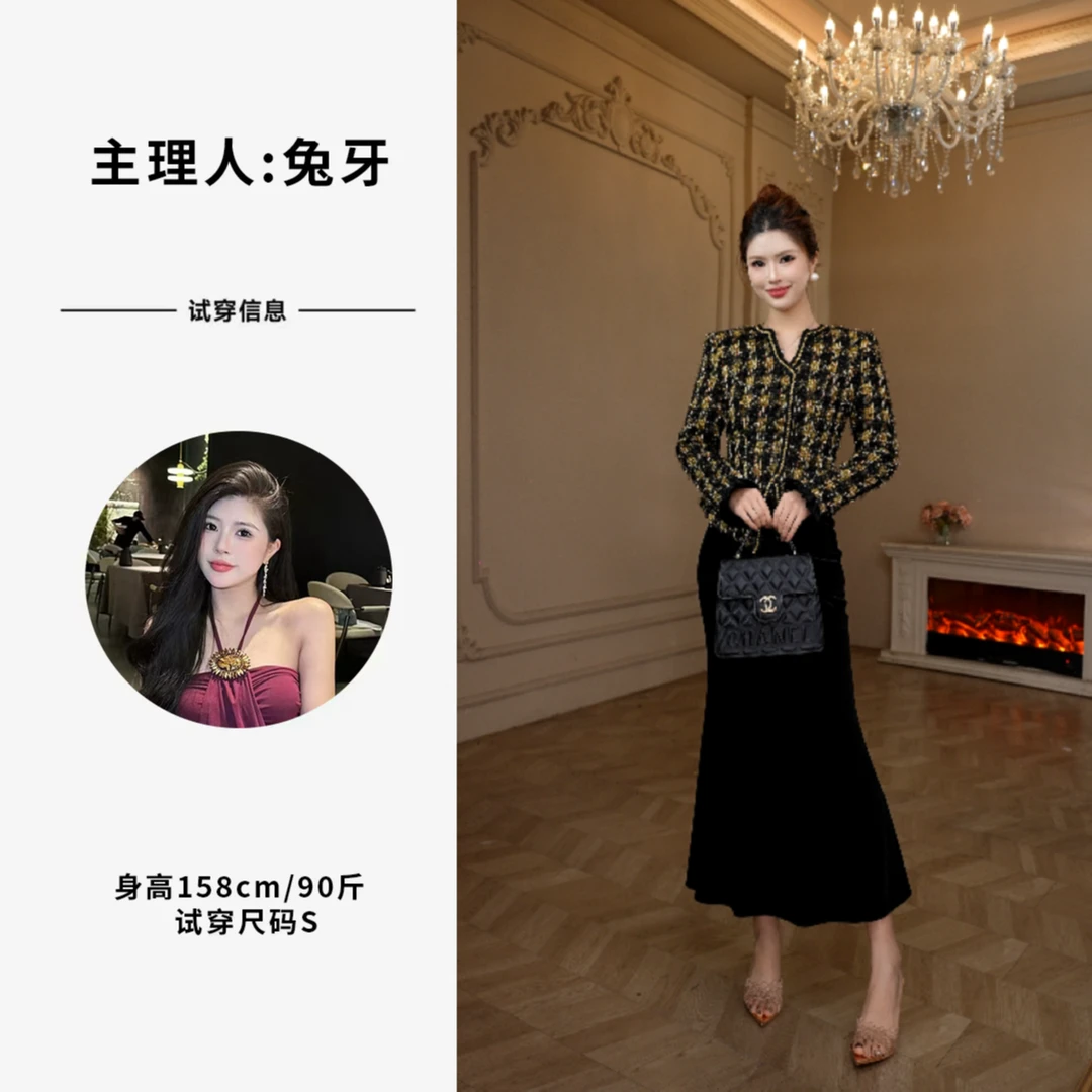 【十七定制】黑金拼接·名媛气质秋冬新款连衣裙22036