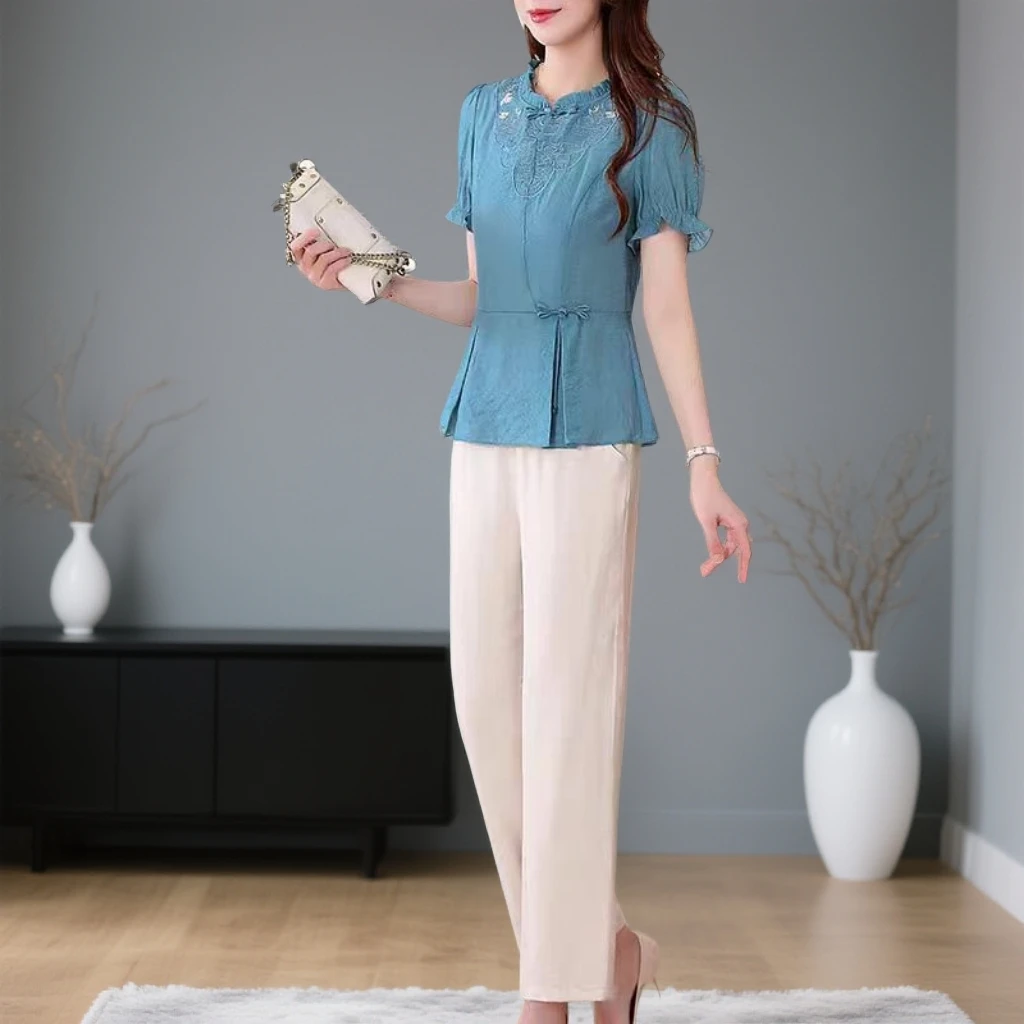 166#蓝【木兮兮专属】2026年夏季新中式气质显瘦国风时尚两件套装女