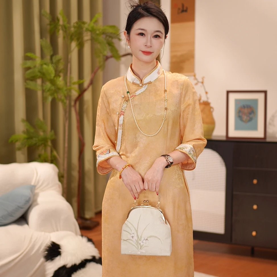 【贺贺·金韵】新中式桑蚕丝中袖连衣裙改良气质旗袍