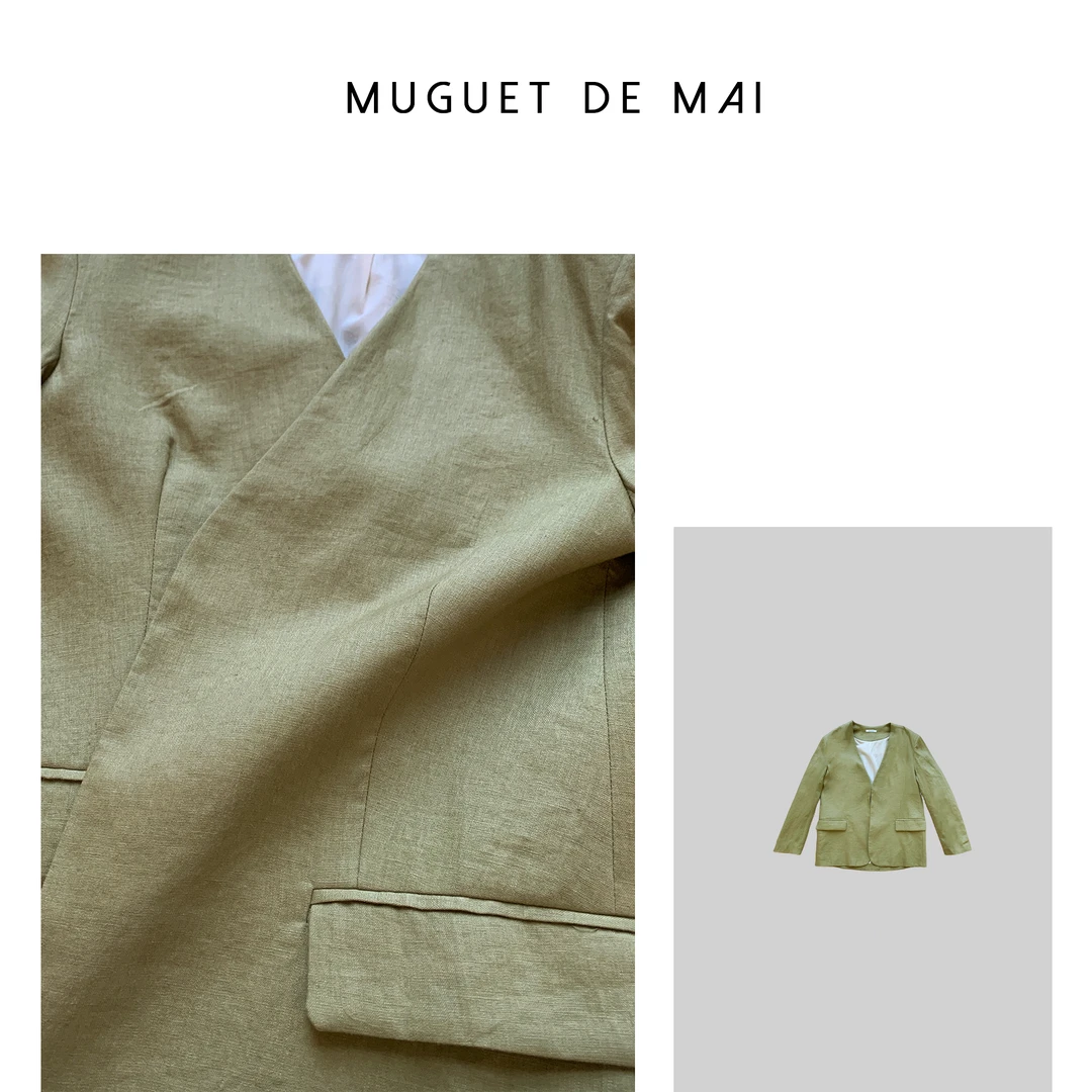 【MGDM】100雨露色织亚麻无领西装 绿亚麻 TY24014
