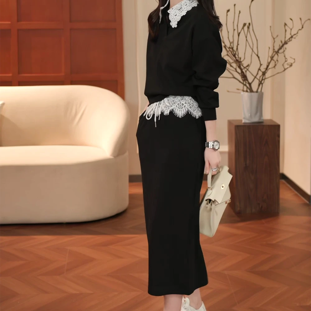 【旷野银河】早春新款气质洋气高级设计感拼接蕾丝卫衣裙子两件套