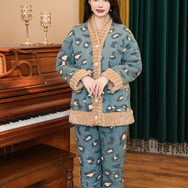 达芬奇密码蓝色斑点秋冬款三层夹绵厚款加绒轻奢睡衣女高档家居服