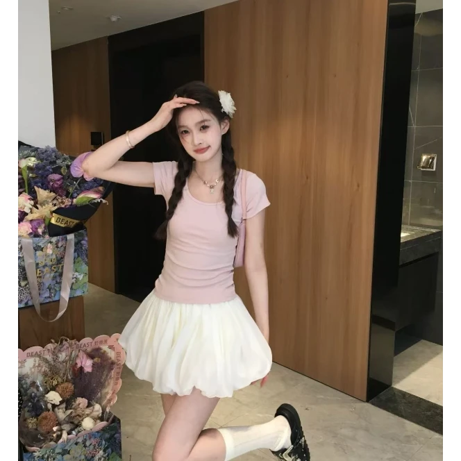 SSYDFER【椿野】春季新款时尚百搭T恤修身显瘦气质U领性感短袖