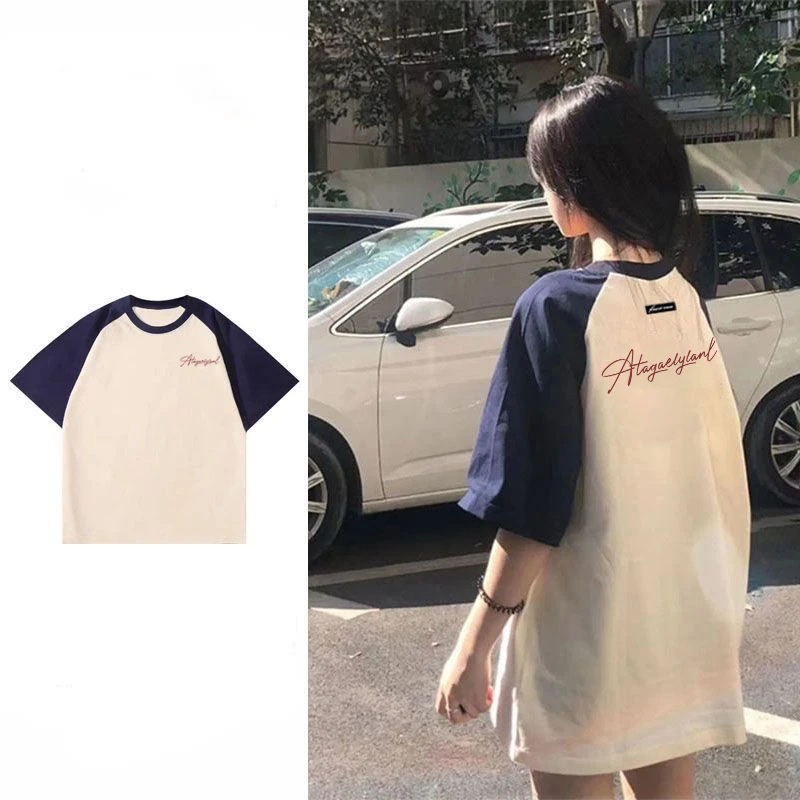 纯棉撞色插肩短袖潮牌拼接t恤百搭宽松设计感复古ins时尚学生小众