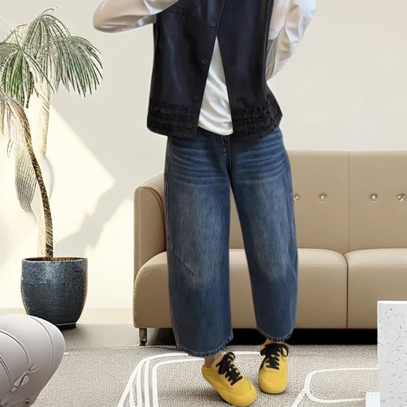 大码美式复古九分牛仔裤女夏季胖mm小个子宽松高腰显瘦直筒阔腿裤