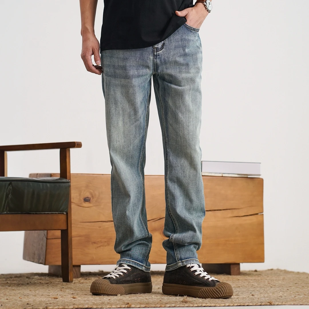 美式复古海盐弹力做旧小直筒牛仔裤男纯棉重磅高街酵洗水洗裤子潮