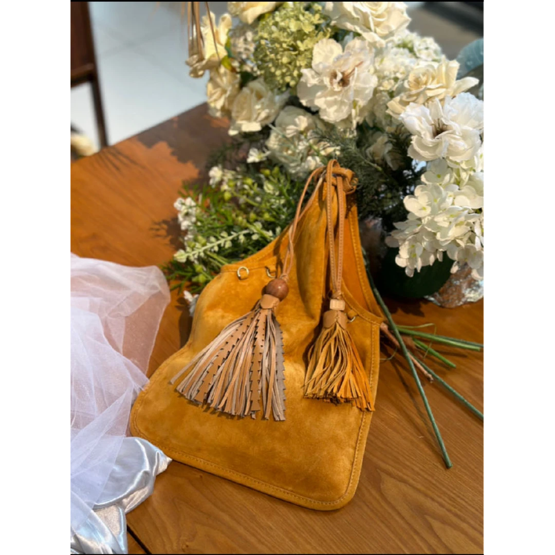 小众设计流苏手拎福袋包羊津绒复古麂皮手提包
