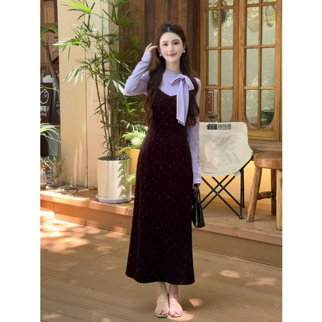 【韩漫女主】LiLi韩系温柔风紫色上衣丝绒裙套装XMZH8921XMZH8922