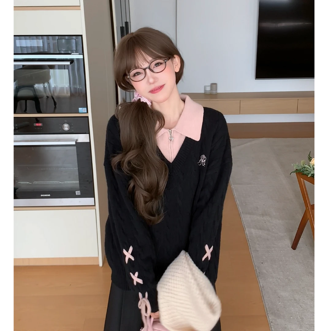 黑色套头针织日式慵懒风学院风减龄宽松张汽水ZQSA253199
