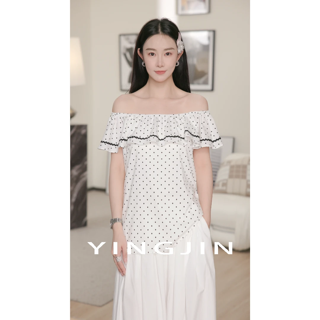 【YINGJIN】波点荷叶-一字肩上衣-SE0900C