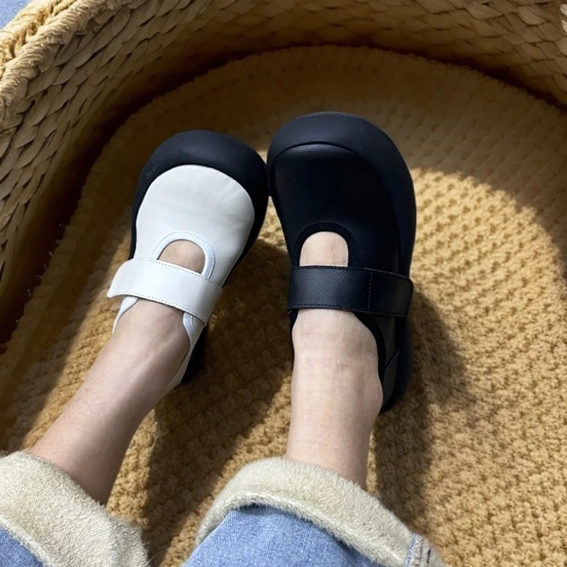 7716-21头层牛皮一字带舒适百搭时尚魔术贴小方头单鞋