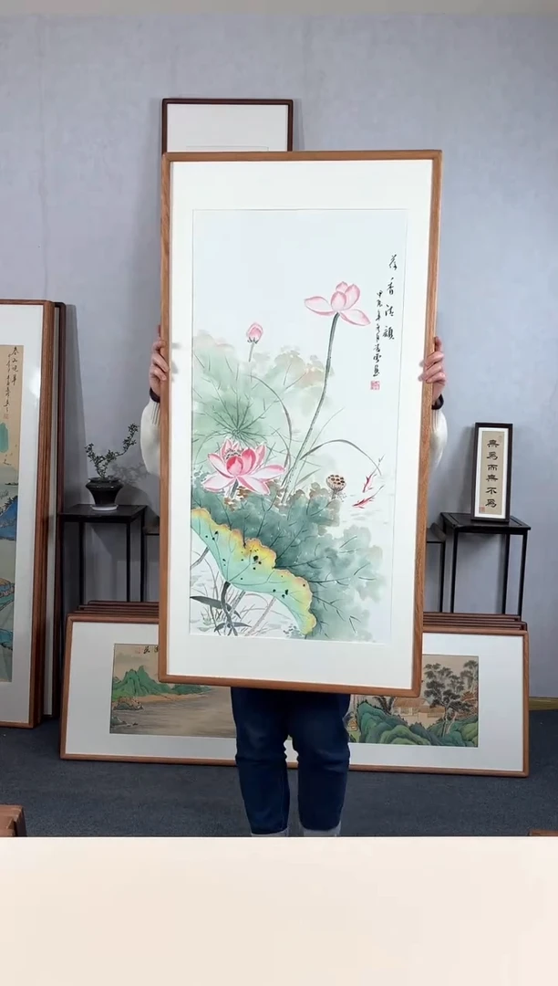 【闪购商品】国画手绘*荷香青韵*62*123cm实木框