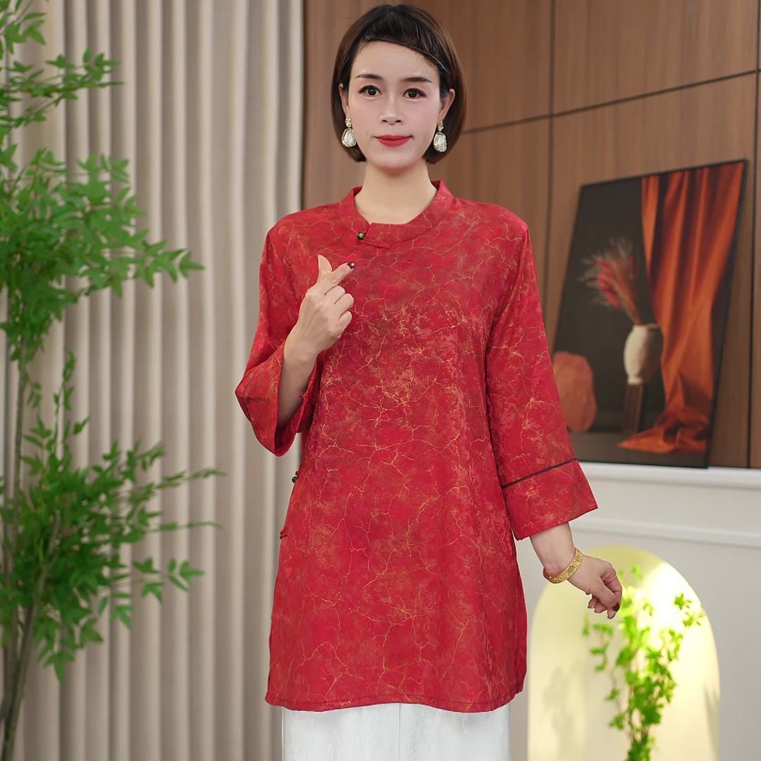 【高货 100丝】新款满分老料新中式奥黛国风盘扣中长袖上衣3001