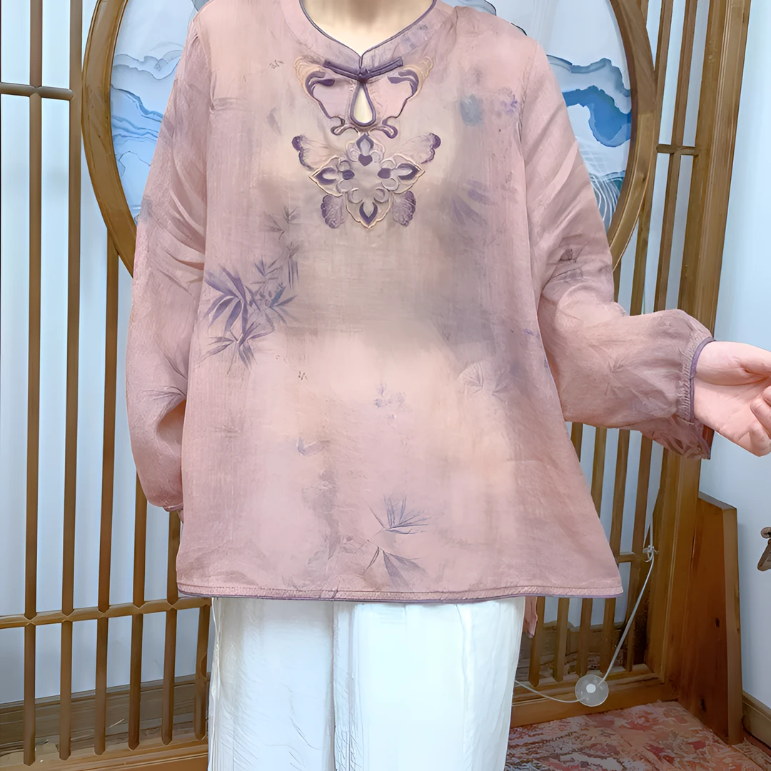 化蝶-重工艺刺绣手工炒色(长袖)苎麻上衣9120