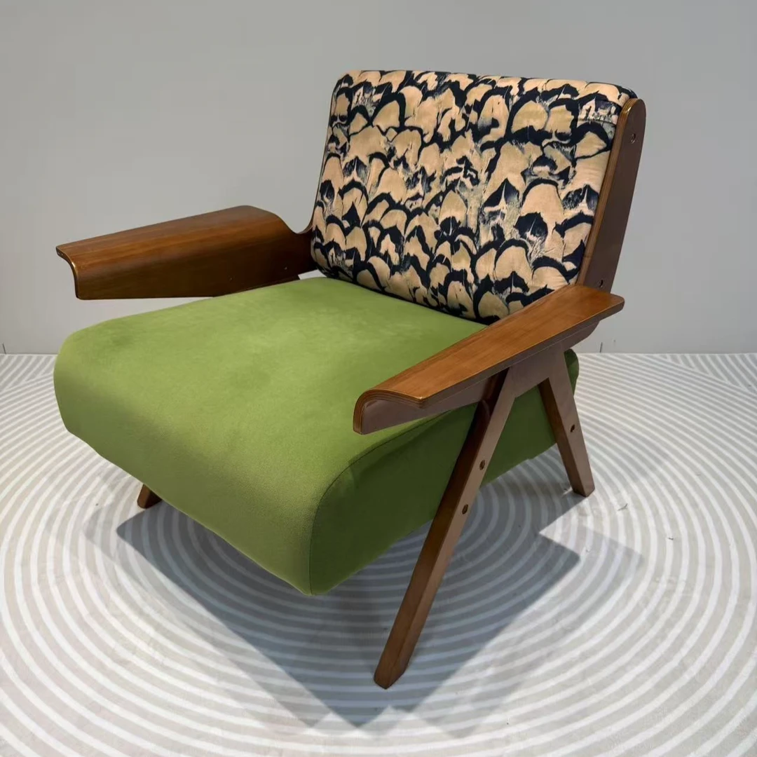 轻法式复古飞鸟椅单人沙发椅咖啡厅中古风阳台橡木休闲接待单椅