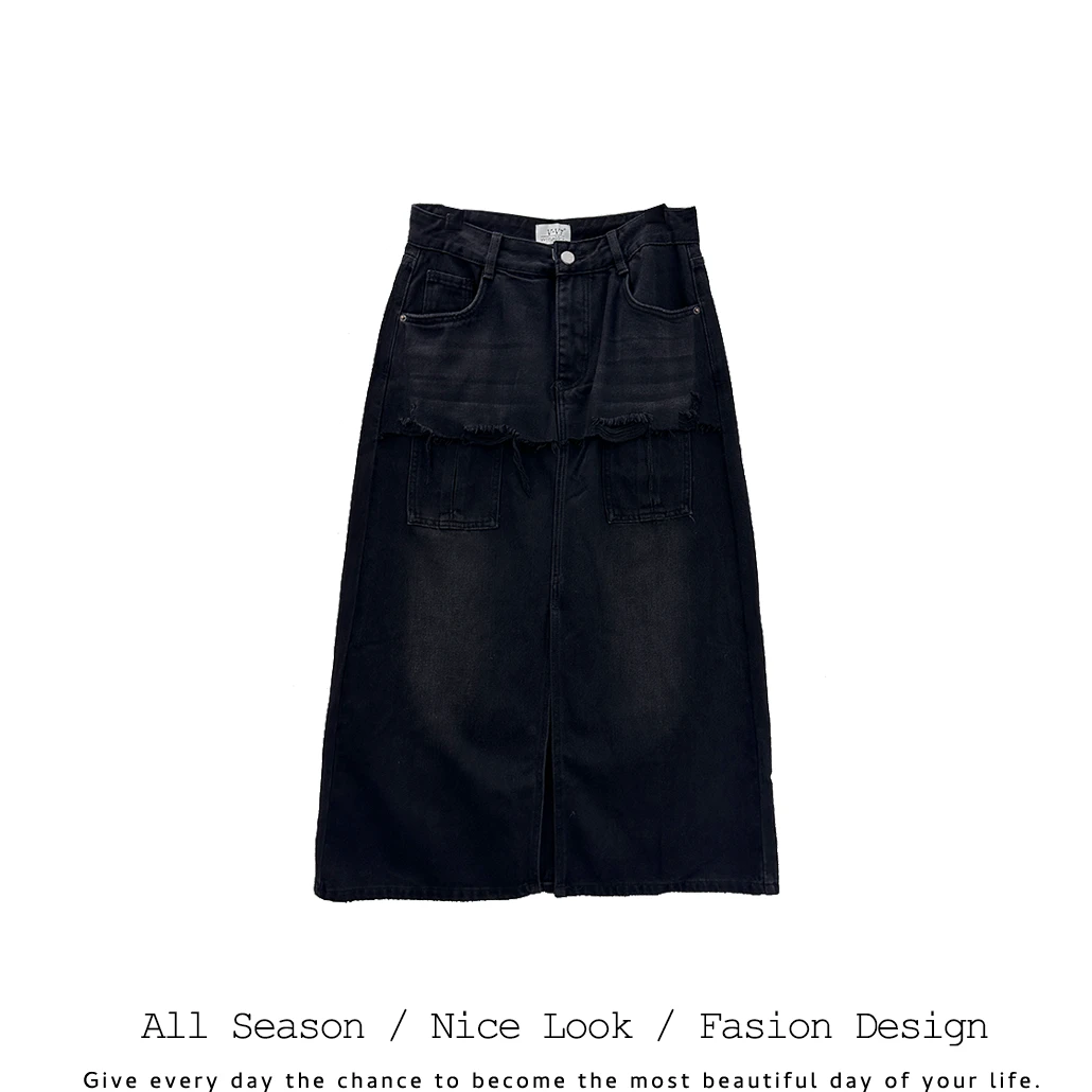 891       时尚黑色高腰潮流百搭半身长裙裙         款号#7351-1