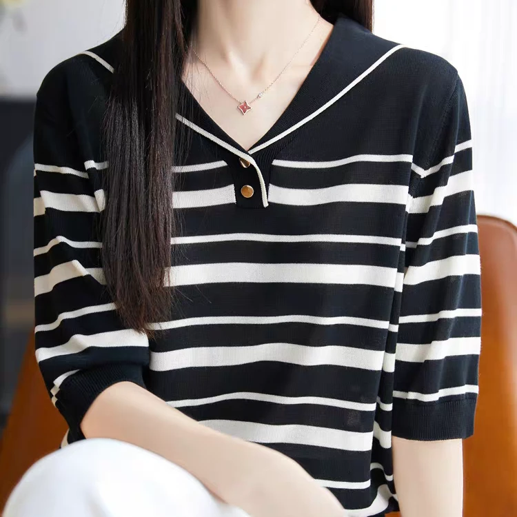 2025新款黑白条纹短袖女款夏季宽松针织衫休闲打底上衣