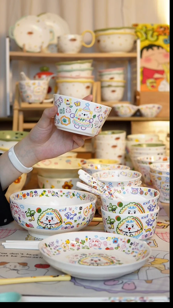 陶瓷6米饭碗6勺6筷两涂鸦面碗4个七英寸盘子