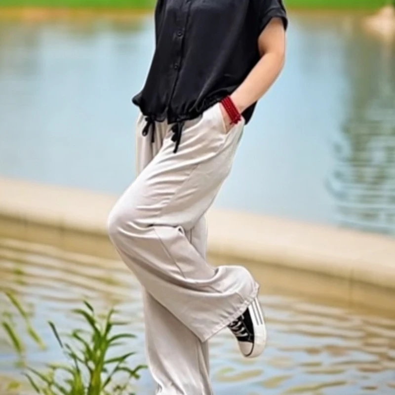 夏季高档中式哈伦直筒宽松醋酸缎面休闲时尚休闲裤