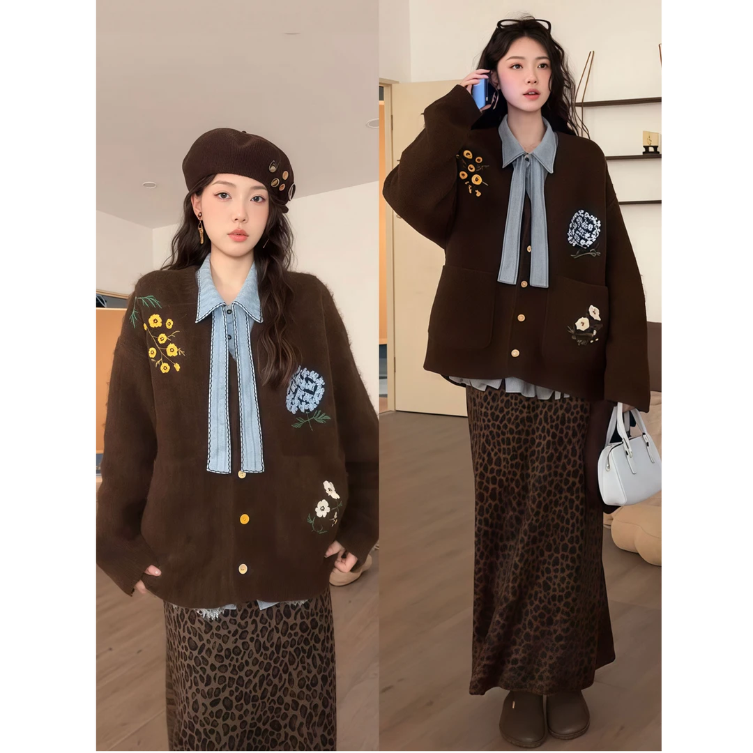 法式慵懒风低领宽松毛衣蕾丝衬衫豹纹半身裙女秋冬显瘦两件套套装