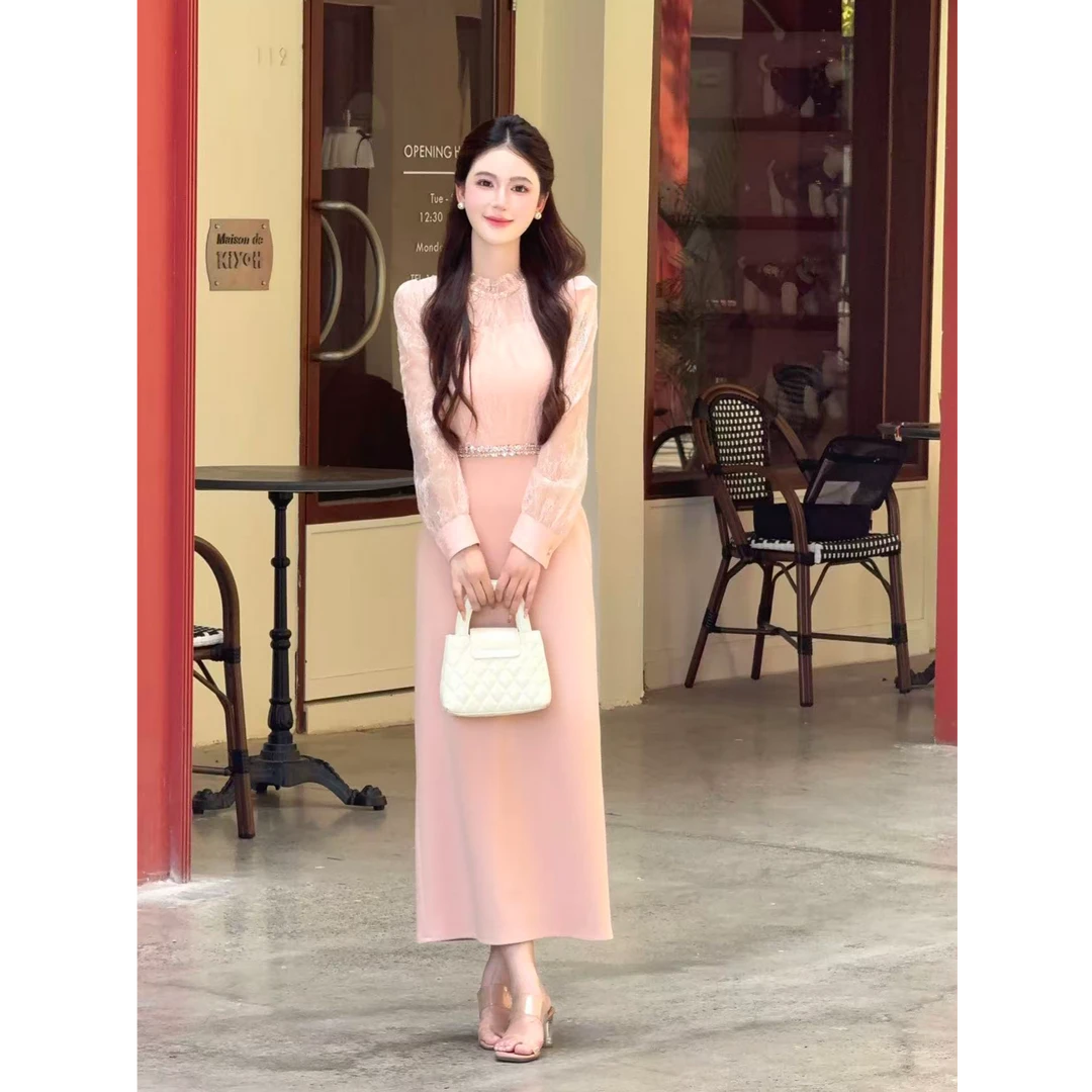 【半熟欧尼】LiLi韩系温柔千金风粉色蕾丝拼接连衣裙XMZH9191