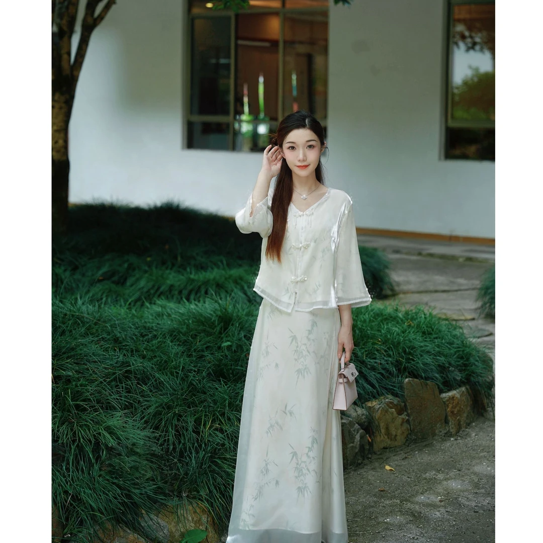 【光影青竹】乔诗绣·格格盘扣v领套装2025炸街国风衣服女