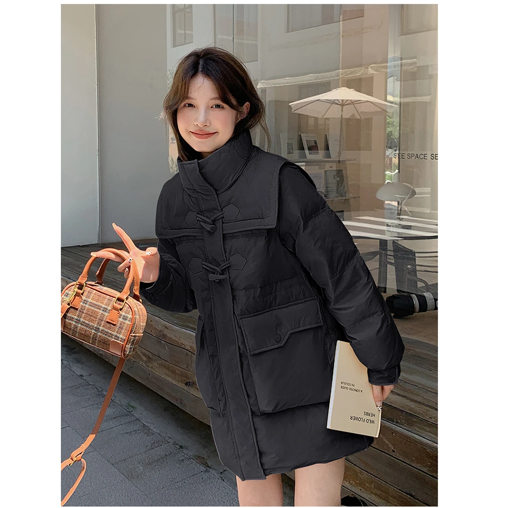 冬季女韩版收腰显瘦小个子牛角扣白鸭绒羽绒服外套