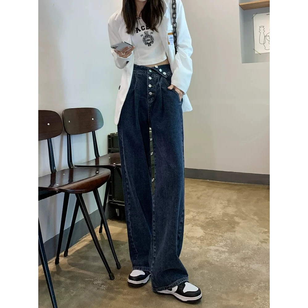 577#蓝灰色排扣阔腿牛仔裤女春秋宽松高腰直筒拖地辣妹设计感裤子