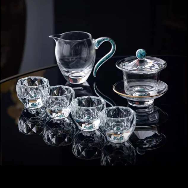 茶具绿松石水晶玻璃功夫套装轻奢盖碗茶杯高档家用整套松石绿盖碗