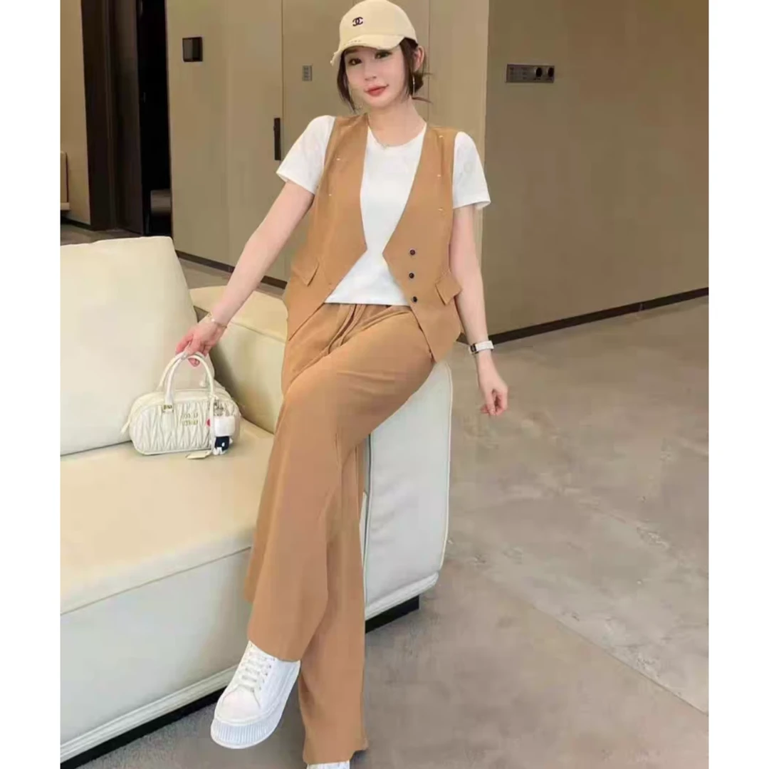 拉夏贝尔时尚套装女2025夏新款背心显瘦短袖T恤休闲长裤三件套装