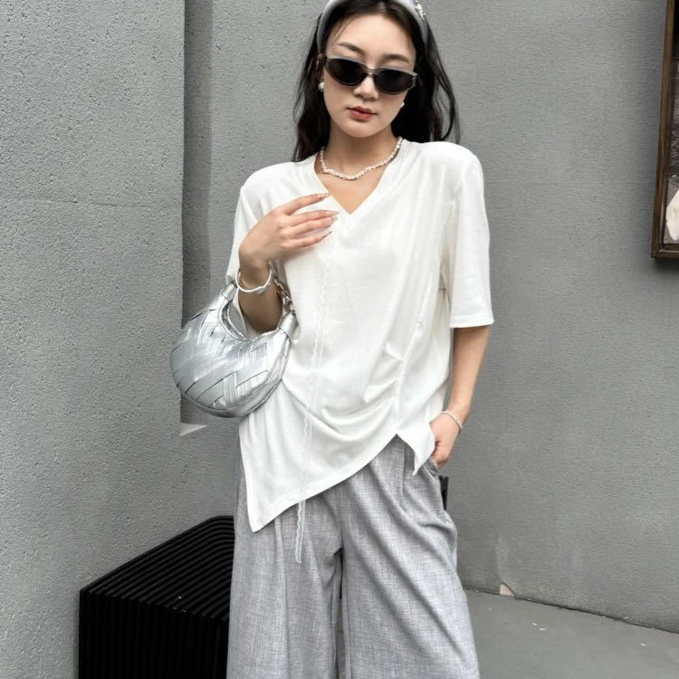 黑屿白/942 宽松休闲风螺纹短袖宽松型V领T恤春夏季时尚简约