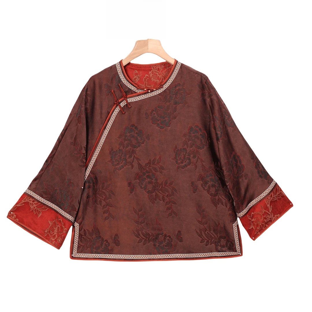 【落桐】桑蚕丝香云纱国风气质复古正襟长袖外套上衣女5F1004