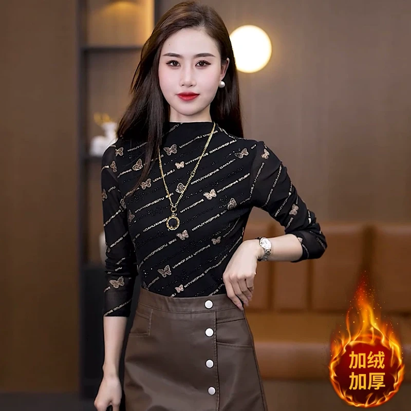 秋冬加厚半高领打底衫女烫钻上衣时尚洋气小衫加绒保暖内搭高级感
