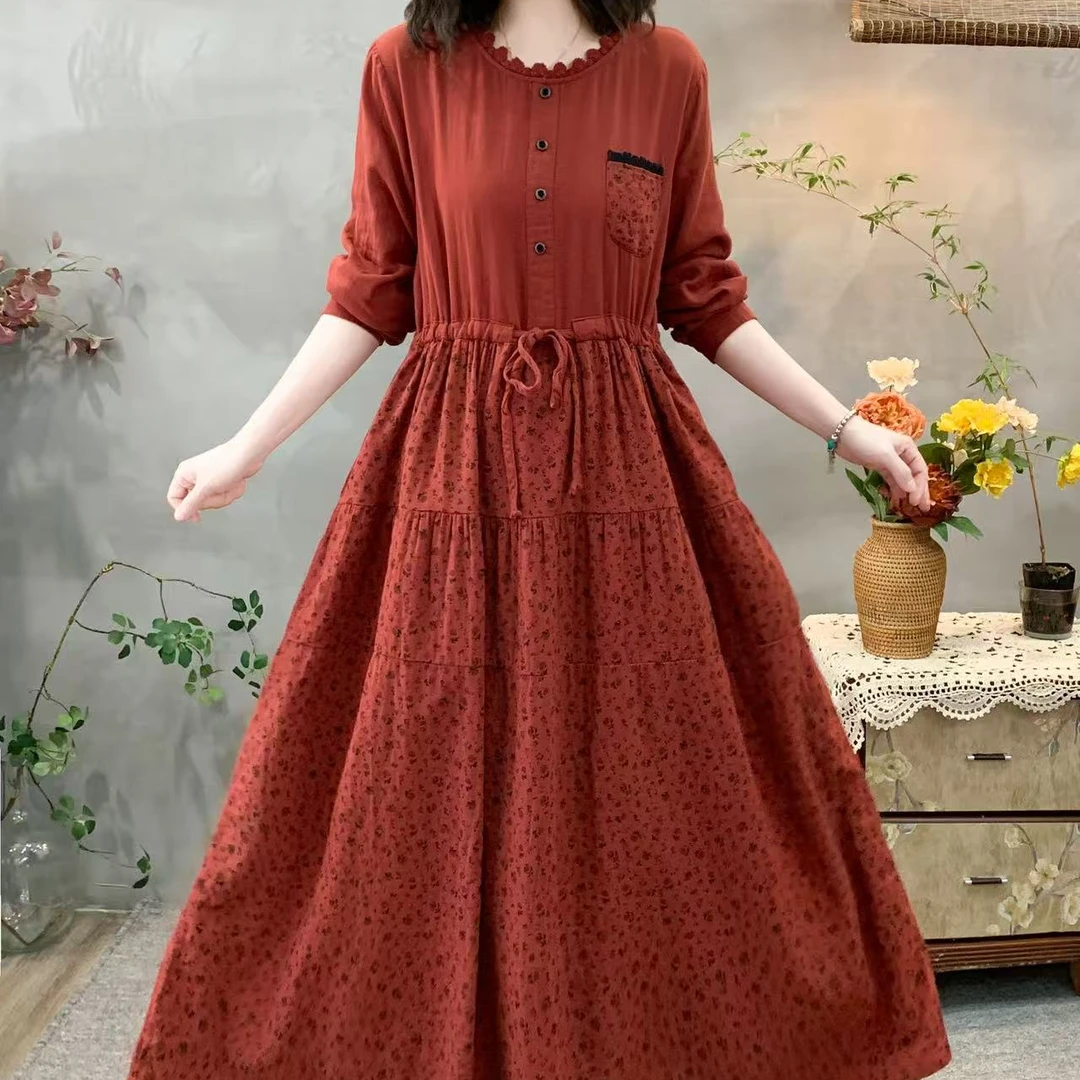 【261-300】秋季新品蕾丝长裙早秋碎花棉连衣裙