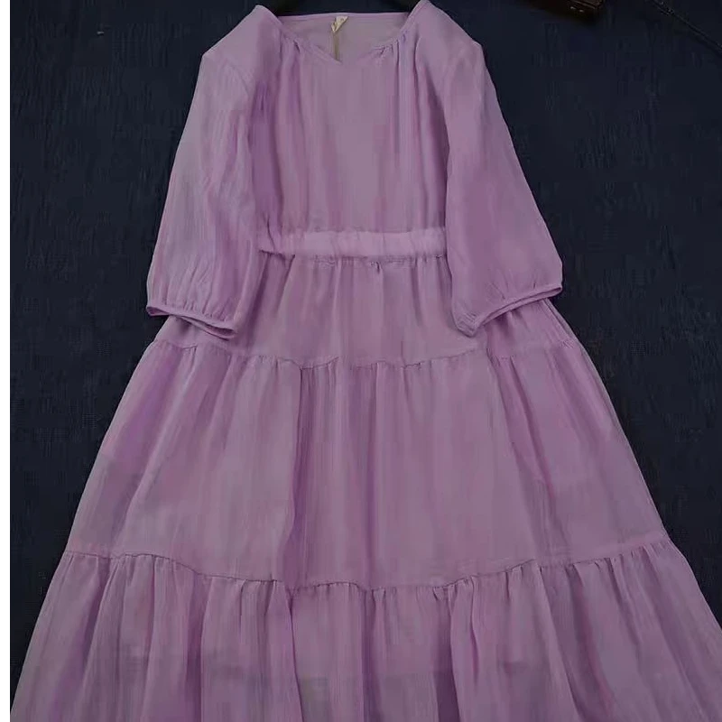 静家 夏季高支纯苎麻纯色优雅轻盈高腰显瘦长裙V领灯笼袖蛋糕裙