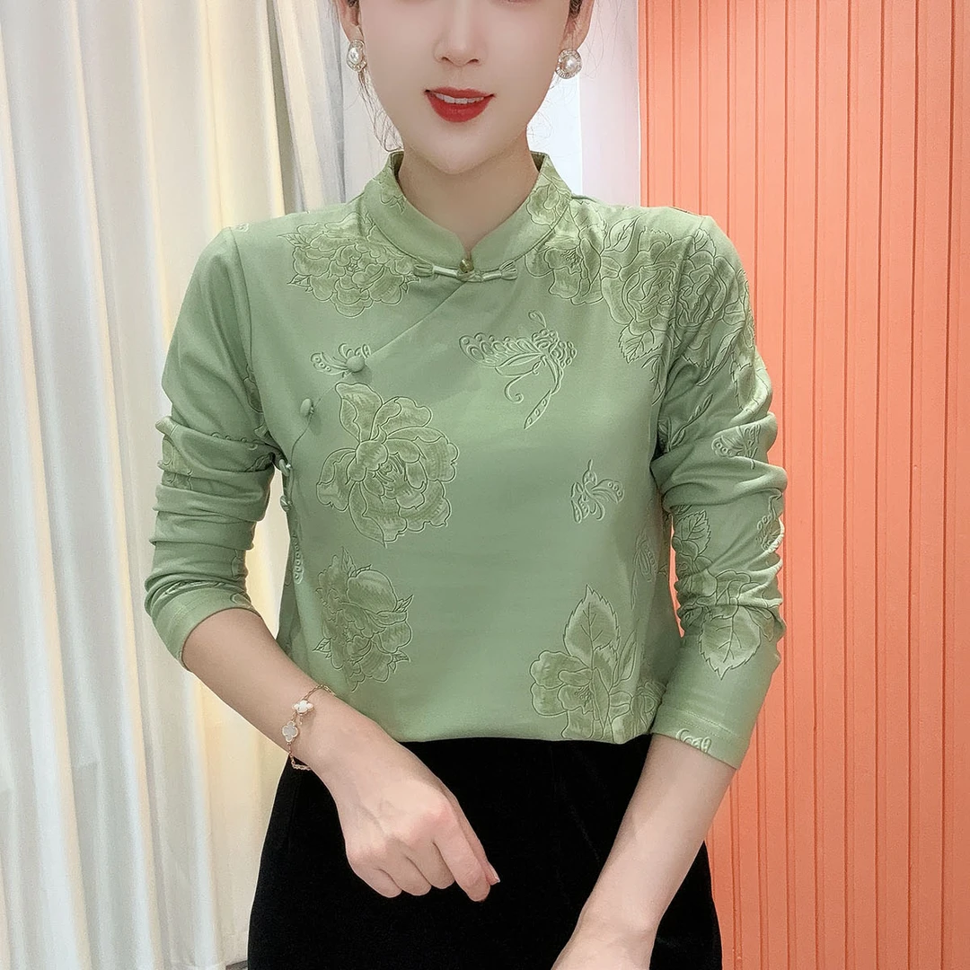 2025冬季新款立领印花气质百搭时尚长袖减龄加绒打底衫上衣女765