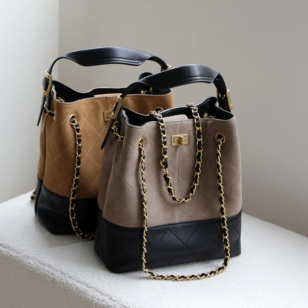 小香风磨砂手提包包女大容量2025新款链条包复古真皮链条水桶包包