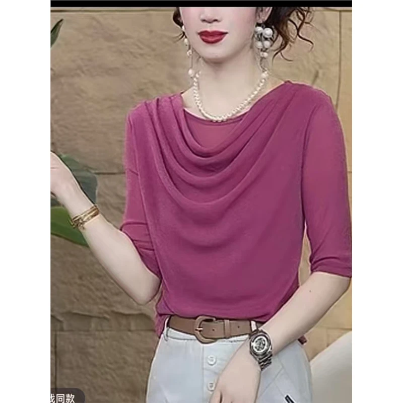 网纱上衣女中袖2025洋气新款打底衫女气质百搭可外穿t恤内搭小衫