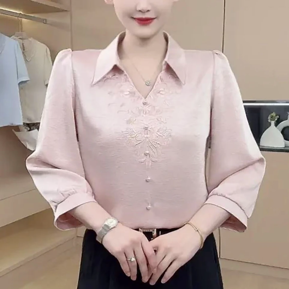 2025春夏衬衫领刺绣气质女士七分袖百搭洋气显瘦小衫衬衣8903