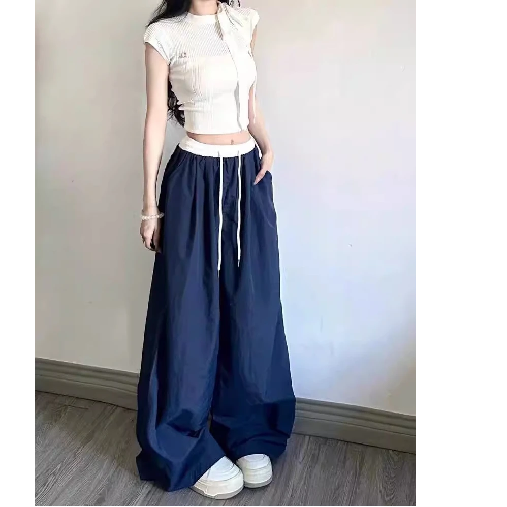 【小轩自制】美式复古运动阔腿裤女款夏季慵懒松弛感拼色宽松休闲裤