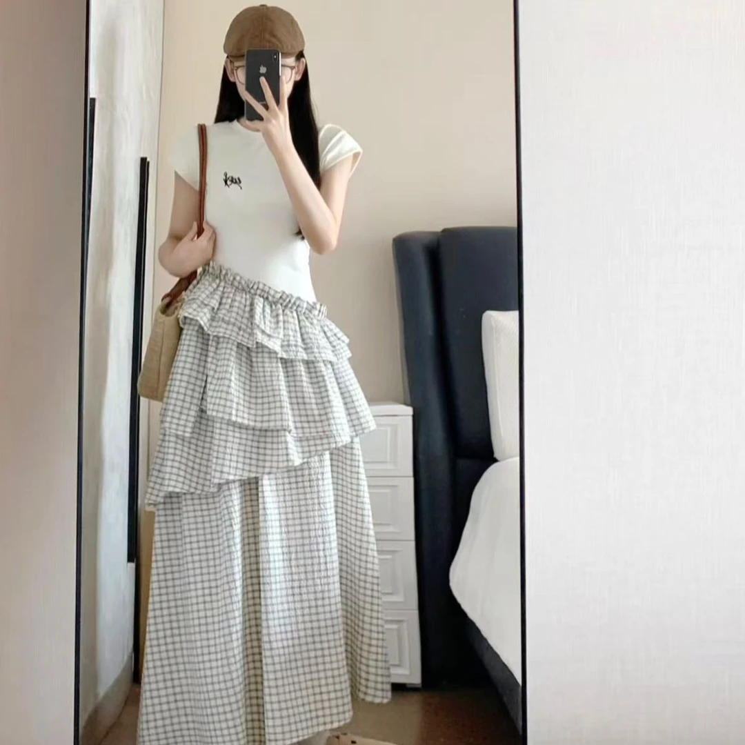 2025新款独特漂亮格纹连衣裙子女夏季小众不规则收腰蛋糕长裙套装