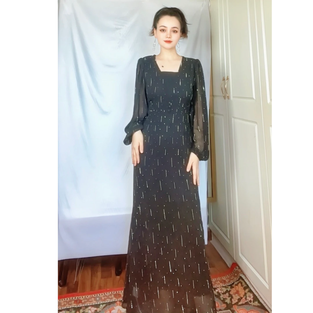 8768【古再丽】新款烟花式烫钻灯笼袖时尚女装连衣裙