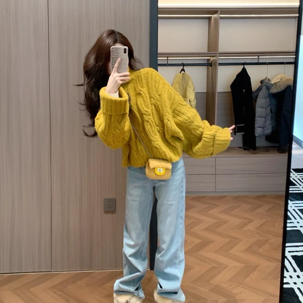 长袖短款常规款冬季针织毛针织衫显瘦时尚秋冬开衫时尚宽松慵懒风