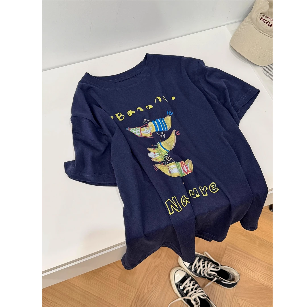 2025夏季新款百搭舒适圆领短袖字母印花T恤女慵懒风宽松显瘦上衣