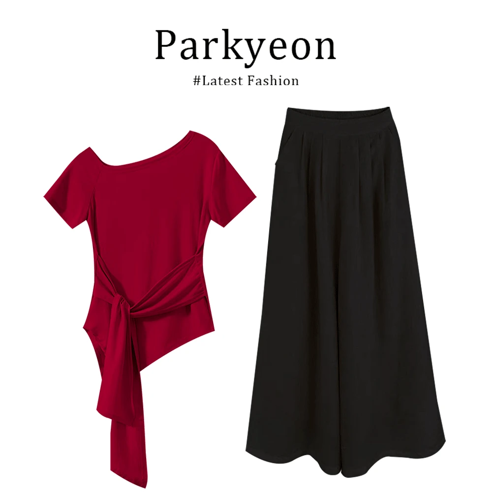 parkyeon夏日ootd穿搭露肩绑带设计感上衣夏季高腰显瘦阔腿裤套装