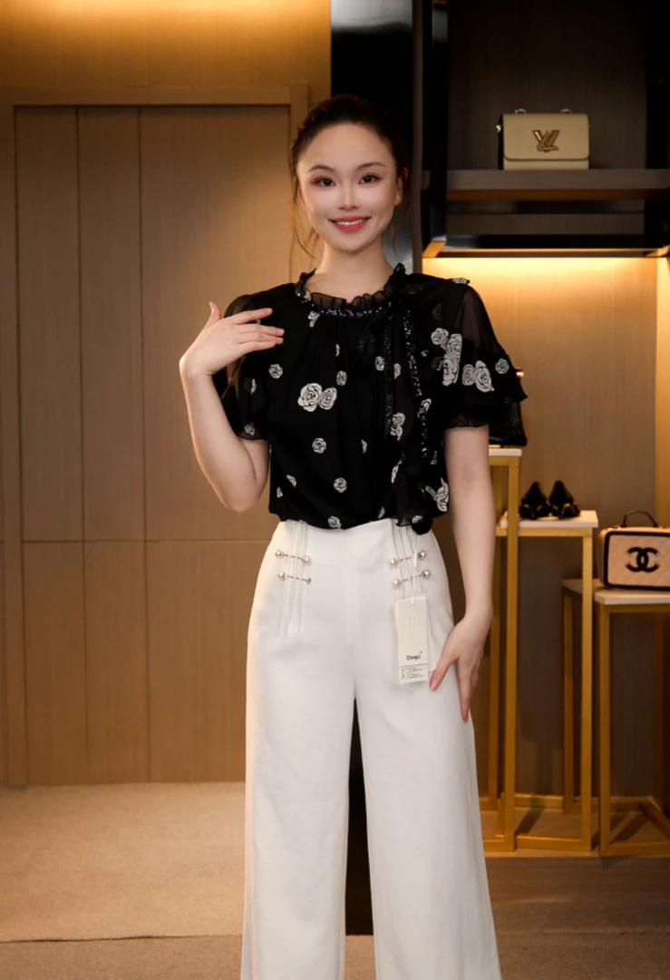 L4X1857 法式复古显瘦气质琉璃双绉丝T恤上衣