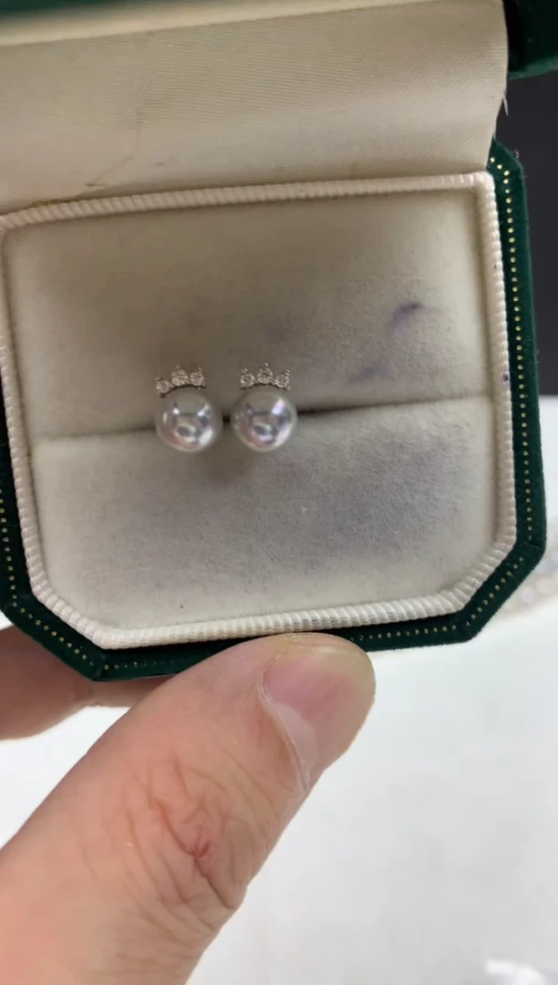 银S925镶嵌ff海水珍珠akoya灰珠耳饰6~7mm