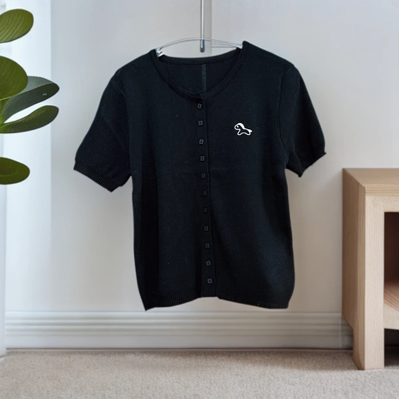 2025夏季新款圆领针织开衫短袖T恤女舒适时尚百搭简约上衣